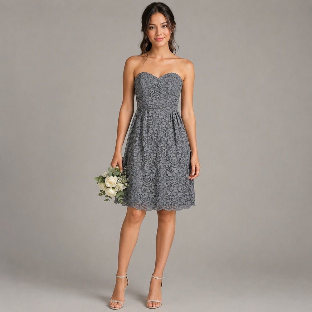 Davids Bridal Women Short Strapless All Over Lace Dress 2 Gray Bridesmaid Formal